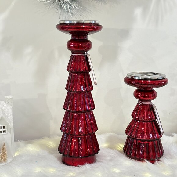 Christmas Holiday Tree Tired Red Mercury Glass Pillar Candle Tapers Holder PAIR - Picture 5 of 10